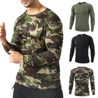 Pullover T-shirt O-neck Long Sleeve Solid Color Camouflage Print Men Top Outdoor Sport Elastic Slim Fit Autumn T-shirt