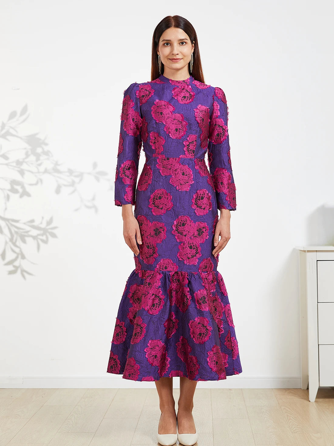 Elegant Brocade Women Maxi Mermaid Dress Long Vintage Flowers Slim Clothing Stand Collar Party Dresses Robe Femme Vestido