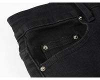 Fashionable new men's jeans, washed, nostalgic, elastic, slim fit, perforated, patchwork patch, black jeans, high street designe