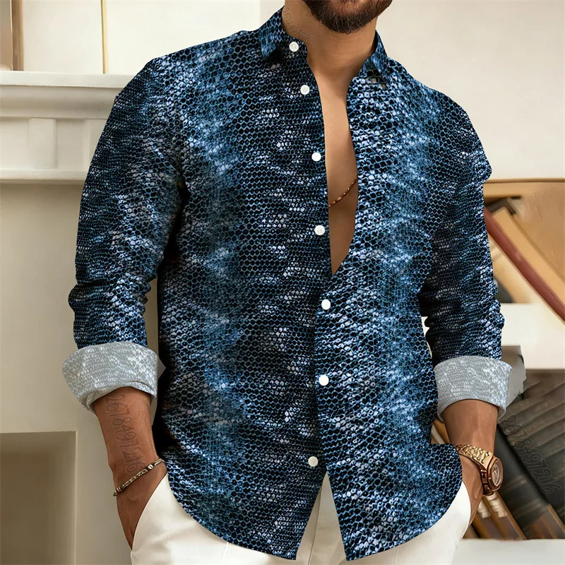 2026 New Men's Shirt: Snake-Print Long-Sleeve Shirt  Stylish Slim-Fit Turn-Down Collar Shirt, Streetwear Trend, Hawaiian Style