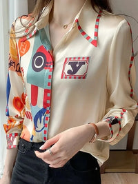 Spring and Autumn high-end shirt, women's elegant chiffon long-sleeved lapel printed top