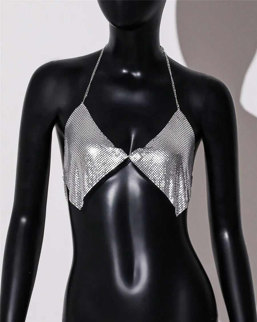 AKYZO Fashion Metal Sequins Camisole Summer Women Backless Halter Neck Off The Shoulder Crop Top Rave Vocal Concert Tank Top