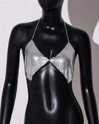 AKYZO Fashion Metal Sequins Camisole Summer Women Backless Halter Neck Off The Shoulder Crop Top Rave Vocal Concert Tank Top