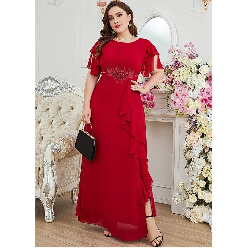 Plus Size Summer Purple Red Chiffon Dress Luxury Wedding Ruffle Applique Plus Size Crew Neck Mixi Dress For Women