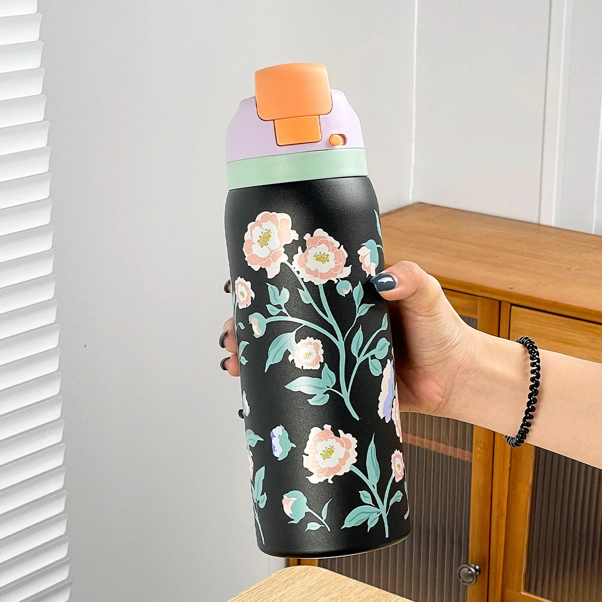 34oz Stylish Stainless Steel Water Bottle - Trendy Floral Two-Tone Design, 24Hr Hot/Cold Insulated, Leakproof Sport Lid & Handle