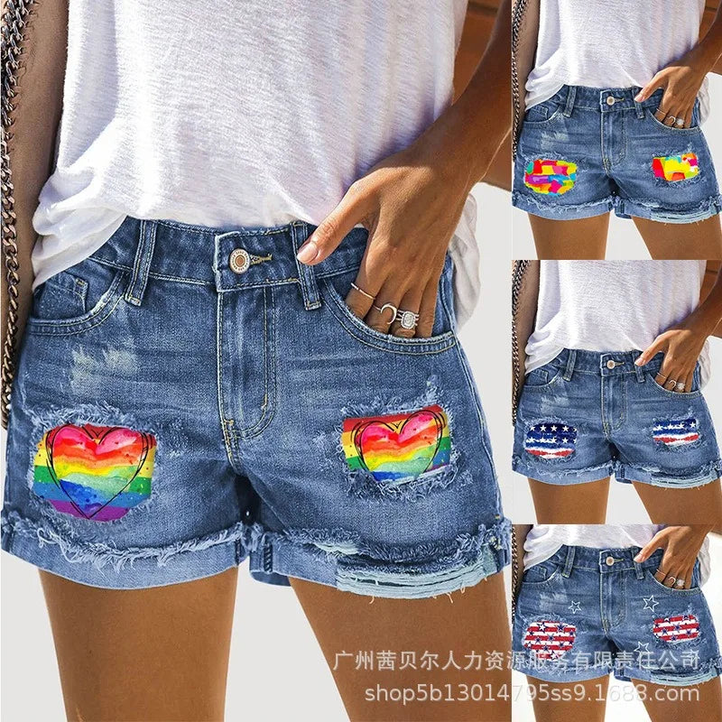 Wepbel Y2K Rainbow Printing Short Jeans Women Summer Straight Patchwork Ripped Denim Shorts Washed Ripped Hole Short Jeans