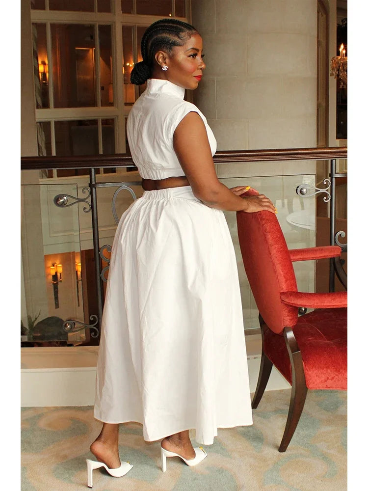 Summer Dresses 2025 Mock Neck Sleeveless Cutout White Maxi Dresses A-Line Elegant Pockets Casual Party Hollow Out Long Dress