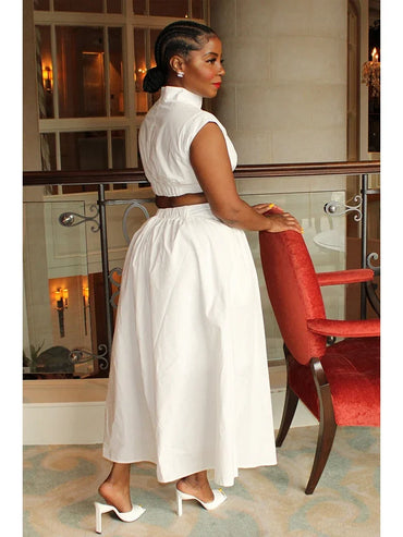 Summer Dresses 2025 Mock Neck Sleeveless Cutout White Maxi Dresses A-Line Elegant Pockets Casual Party Hollow Out Long Dress