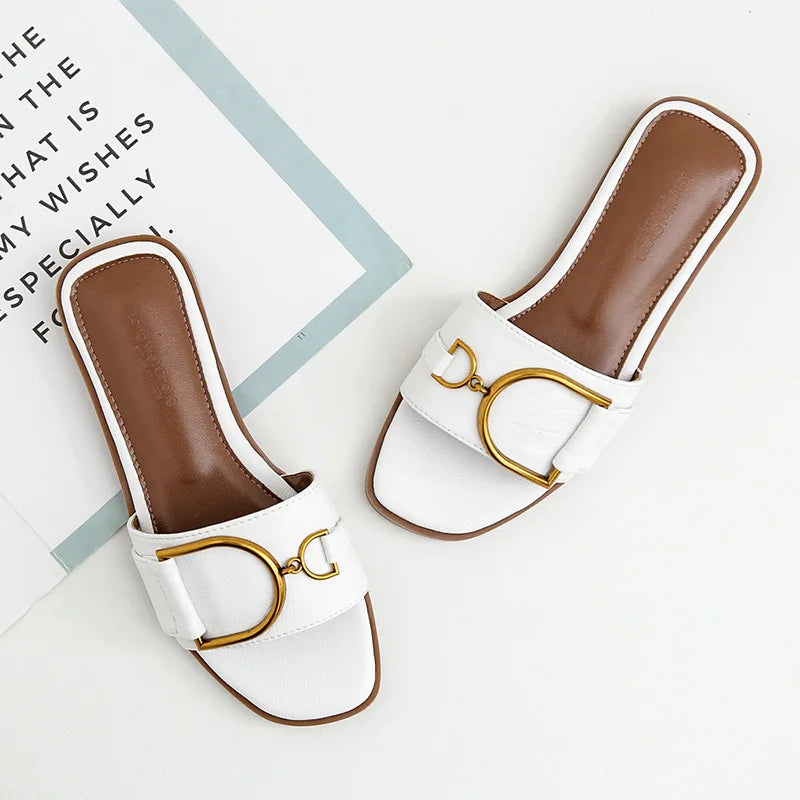 Summer Women Slippers Leather Square Toe Women Flats Flip Flops Designer Ladies Slides Sandals Women Shoes Luxury Sandals