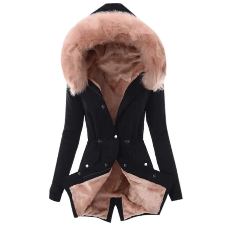 Fashion Women Winter Keep Warm Faux Fur Hooded Coat Casual Long Sleeve Winter Warm Thickening Fur Liner Jacket Outwear
