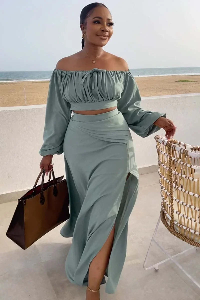 Fashion Sexy Off Shoulder Long Sleeve Ruched Crop Top High Slit Maxi Skirt Matching Set for Women