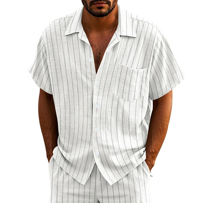 New Casual Mens Linen Shirts Summer Leisure Breathable Loose Short Sleeve Striped Shirt For Men Outdoor Fashion Button Lapel Top