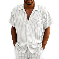 New Casual Mens Linen Shirts Summer Leisure Breathable Loose Short Sleeve Striped Shirt For Men Outdoor Fashion Button Lapel Top