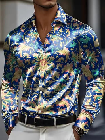 Men's long sleeved shirt, retro patterned 3D printed design, men's lapel button loose and comfortable casual vacation plus size