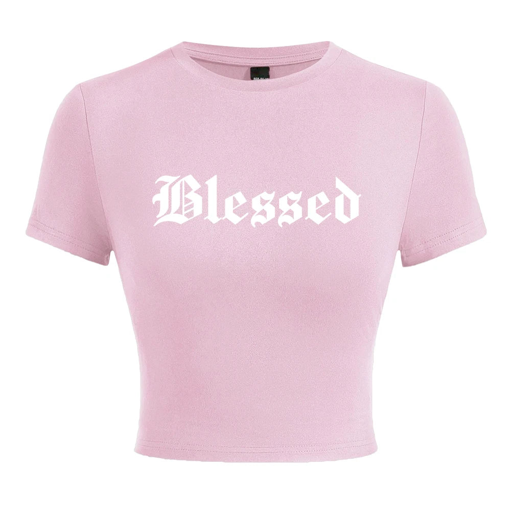 Blessed Creativity Letter T Shirt Women Street Casual Tees Soft Tight Fitting Short T-Shirt Elastic Comfortable Tee Clothes