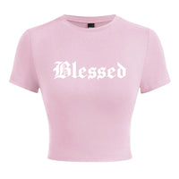 Blessed Creativity Letter T Shirt Women Street Casual Tees Soft Tight Fitting Short T-Shirt Elastic Comfortable Tee Clothes