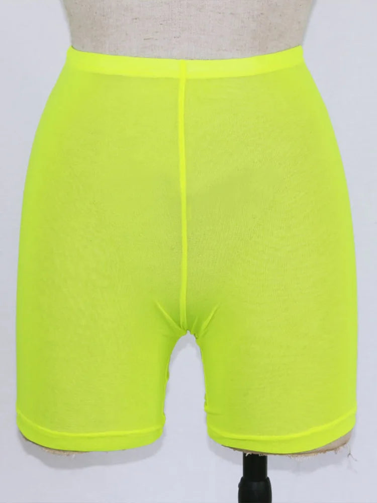 OMSJ 2024 Summer Fashion Yellow Mesh Transaparent Sexy Women Casual Shorts Ladies High Waist Shorts Summer Shorts Sexy Shorts