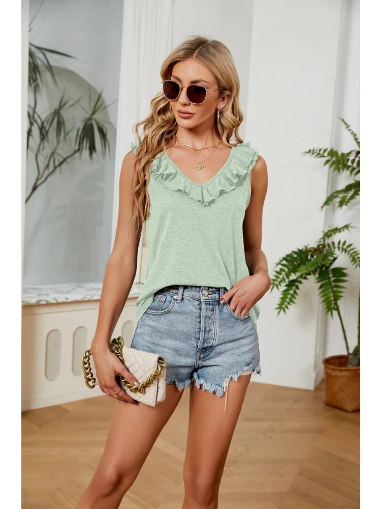 2023 Summer Fashion Ruffle V-neck Sleeveless Vest Blouse for Women Casual Loose Solid Sweet Pink Shirts Blusas Para Mujer 25153