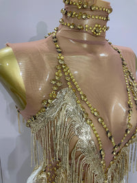 Stock 2025 Women Sexy Stretch Mesh Sparkly Rhinestone Tassels Mini Dress Nightclub Singer Dance Stage Costume Evening Gowns