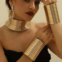 5pcs African Statement Jewelry Set 2025 Trendy Golded Leather Choker Neck Necklace Bracelet Earrings For Women Party Accessories