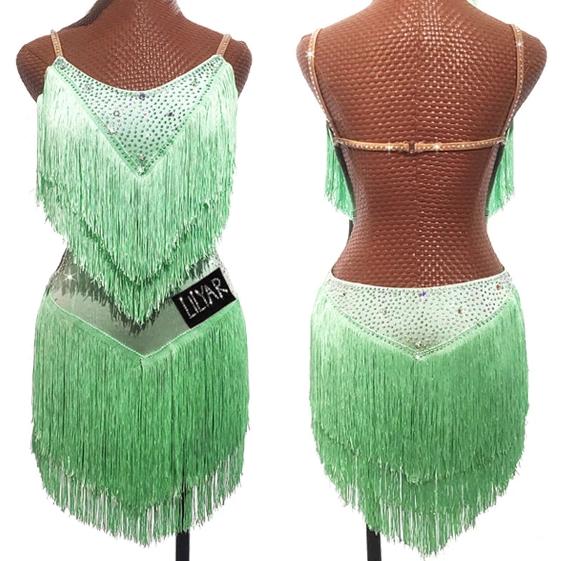 Latin Dance Dress Competition Costumes Skirt Performing Rhinestones Adult Children Tassel Various Color Red  White