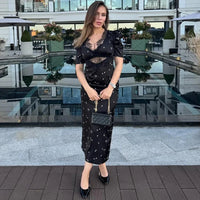TARUXY Sexy Hollow Lace Dress Women's Fashion Short Sleeve Elegant High Waist Slim Print Dress Summer Party Club Clothes Female