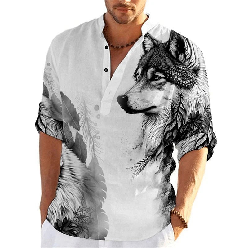 Men's 3D Button Shirt T-shirt Summer New Fashion Personalized Graffiti Standing Collar Casual Long sleeved Shirt Extra Large