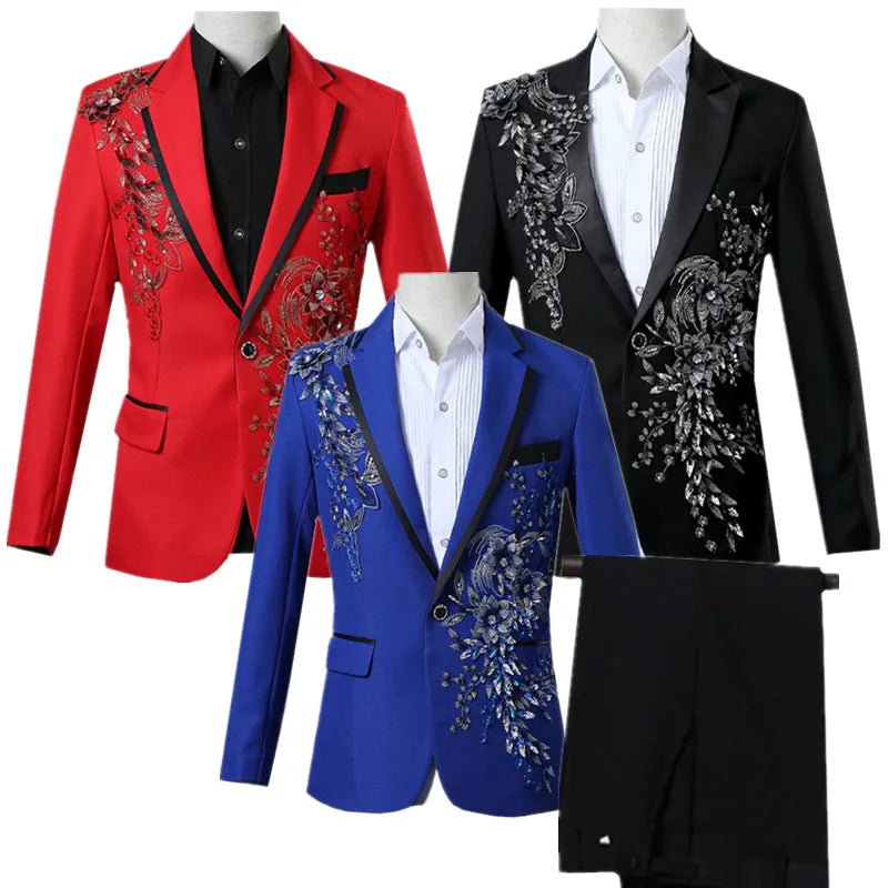 New Men Luxury Decal Suits Black / Red / Blue / White Fashion Singer Host Stage Performance Splicing Flower Blazers and Pants