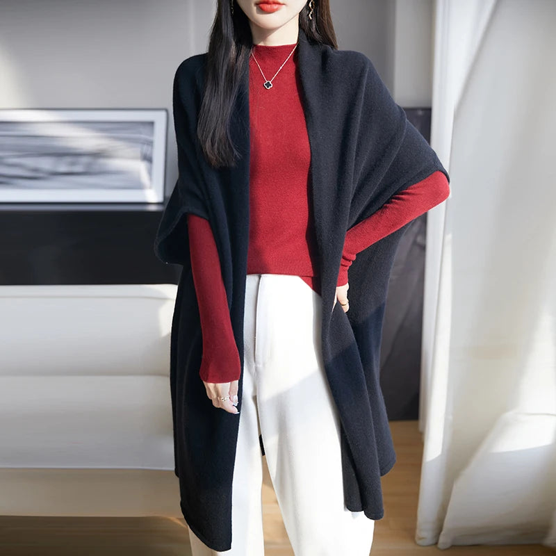 Spring Women's 100% Wool Knitted Shawl Soft Warm Knitwear Long Cardigan Female Cloak Wraps Shoulder Neck Protect Poncho Dual Use