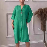 Women's Casual Button-Up Linen irt Long Ne round Color Blo  Pet Clothing Accories