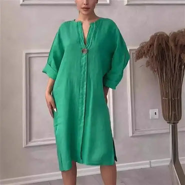 Women's Casual Button-Up Linen irt Long Ne round Color Blo  Pet Clothing Accories