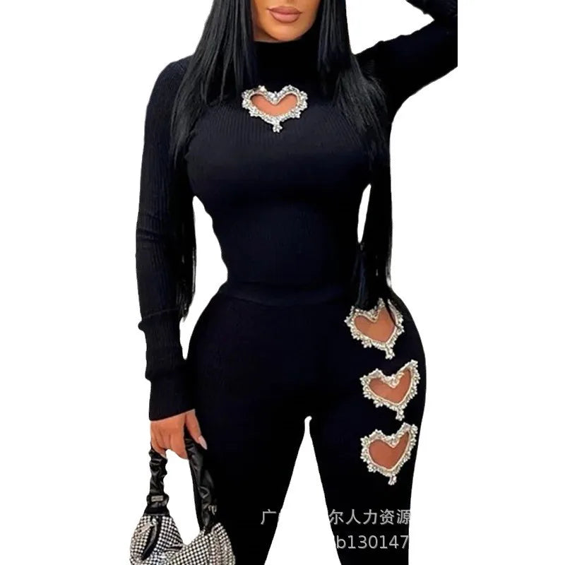 Two Piece Sets Wome Sexy Solid Pant Set Turtleneck Full Sleeve Slim Fit Tops Hollow Out High Waist Long Pants Sheath 2024