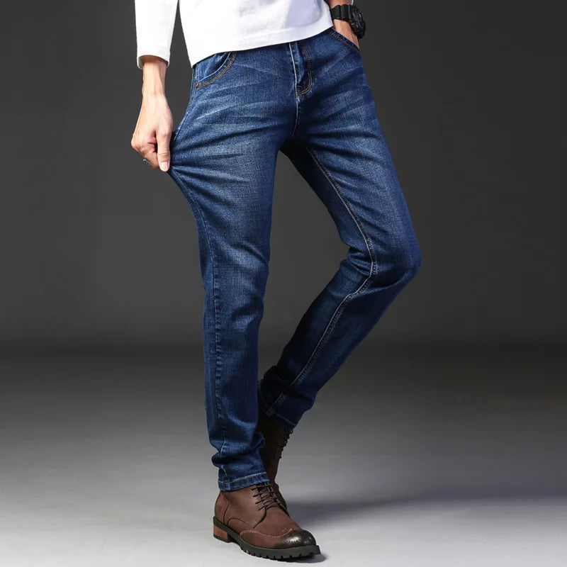 Men's jeans, casual straight leg, elastic, fashionable, classic, blue and black work denim pants, men's brand clothing
