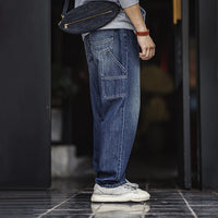 Maden Retro Blue Logging Mens Jeans with Washed Denim Loose Fit Cotton And Non-Elastic Waist Daily Wear Casual Pants