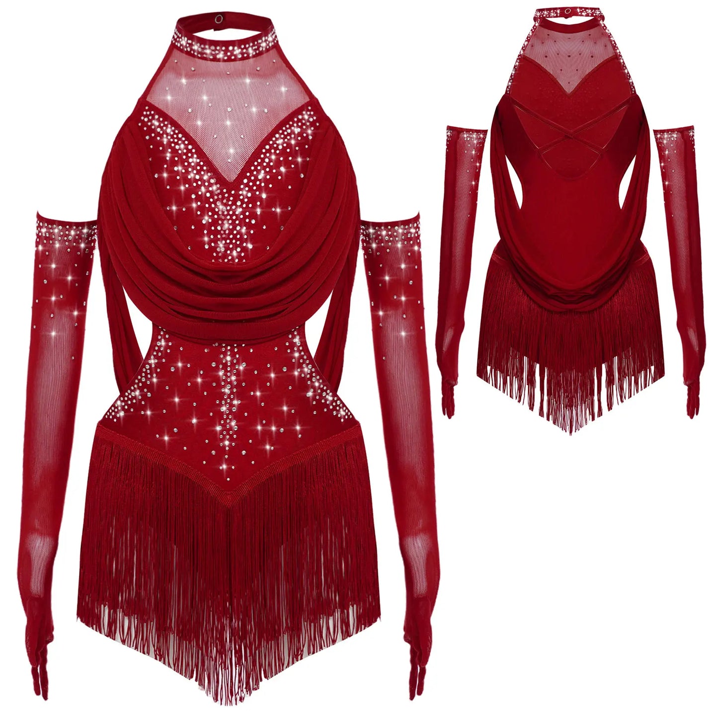 Girls Latin Jazz Rumba Samba Dance Costume Salsa Set Ruched Mesh Drapes Cutout Leotard with Tassel Skirts and 1 Pair Mesh Gloves