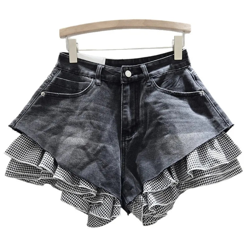 Jeans Shorts Women Vintage Denim Short Pants High Waist Detachable Hem Plaid Cloth Distressed Washed Streetwear Summer Denims