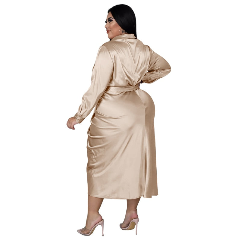 Elegant Satin Plus Size Women Shirt Dress Sexy Ruched Long Sleeve Lace Up Evening Party Midi Drerss Vestido Africano Feminino