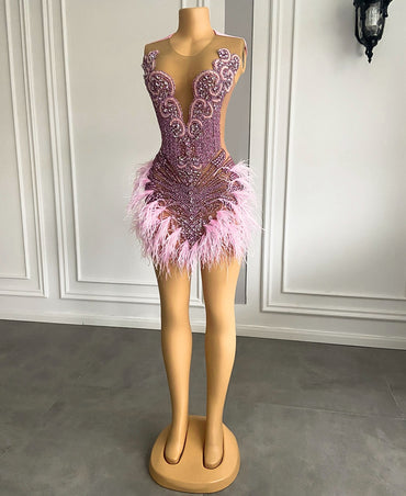 Luxury Sexy See Through Beaded  Crystals Birthday Party Short Prom Dress Feather African Women Pink Cocktail Dresses 2023