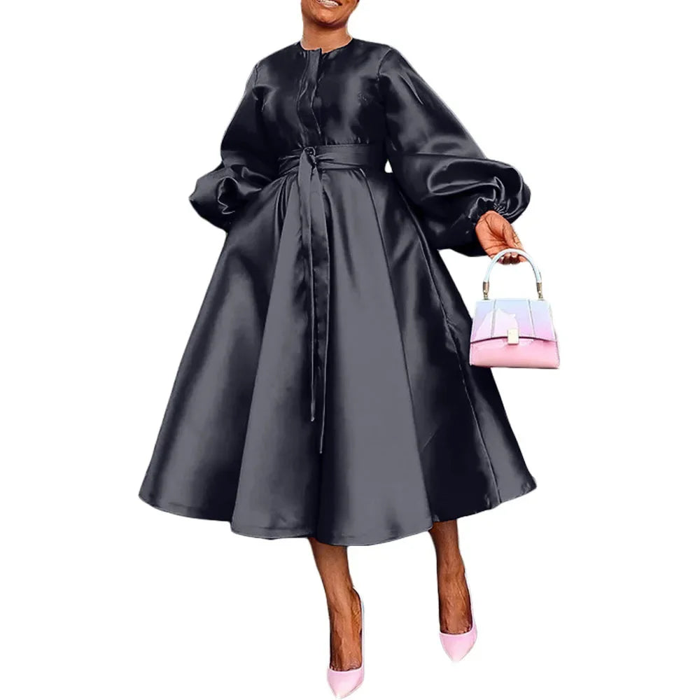 Dress Women Long Dresses A Line Round Neck White Lantern Sleeve Casual High Waist Lace Up Elegant Party Night Maxi Vestidos