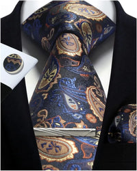 Mens Tie Set Silk Silver Paisley Floral Necktie and Pocket Square Cufflinks Tie Clip Classic Formal Ties for Men Wedding Party