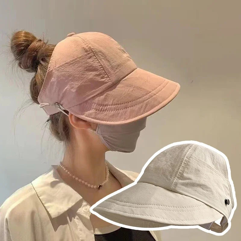 1× Foldable Wide Brim Ponytail Sun Hat Summer Autumn Outgoing UV Protection Bucket Hat for Women Fisherman Caps with Mask Button