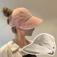 1× Foldable Wide Brim Ponytail Sun Hat Summer Autumn Outgoing UV Protection Bucket Hat for Women Fisherman Caps with Mask Button