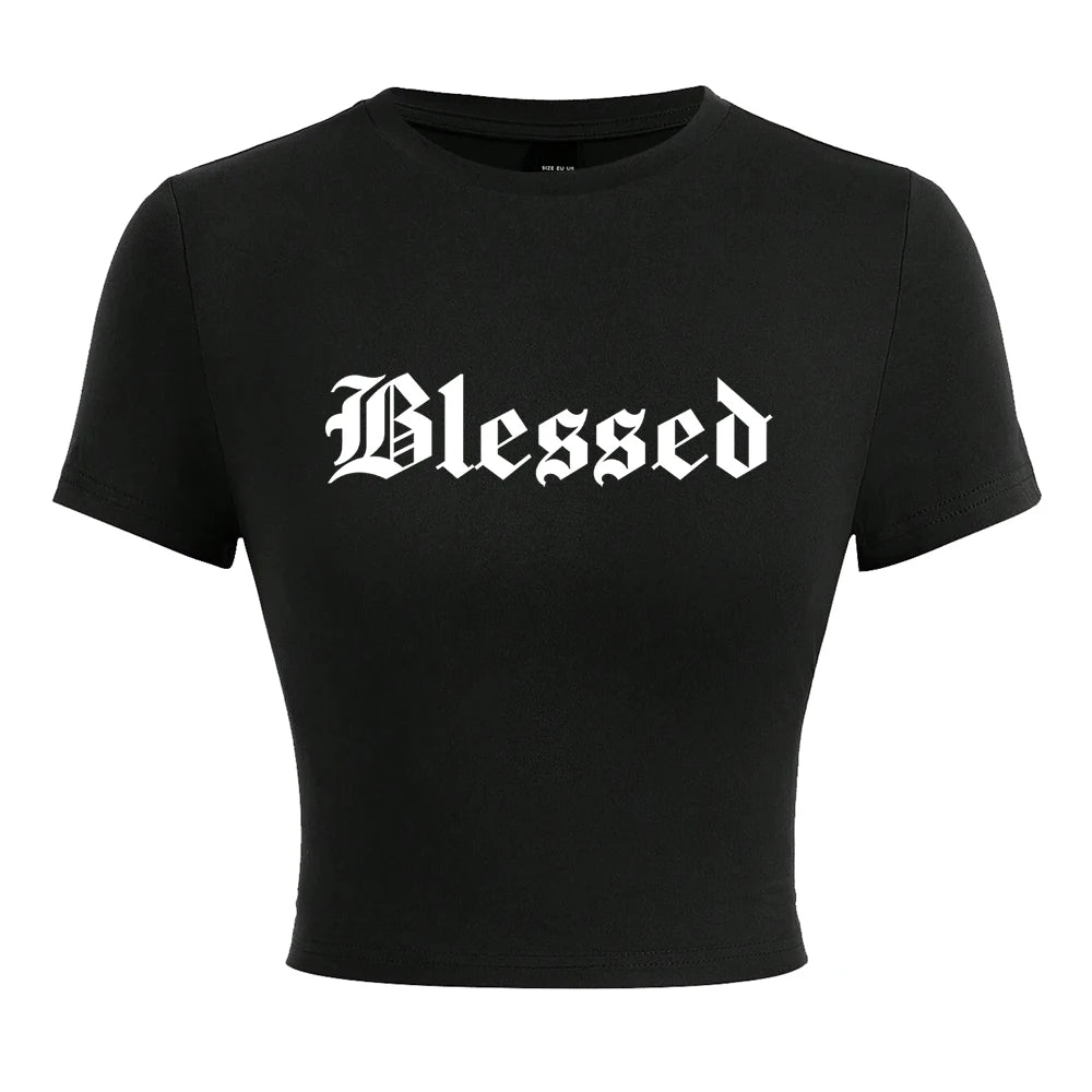 Blessed Creativity Letter T Shirt Women Street Casual Tees Soft Tight Fitting Short T-Shirt Elastic Comfortable Tee Clothes