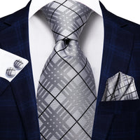 Hi-Tie Designer Silk Wedding Tie For Men Blue White Plaid Handky Cufflink Set Fashion Necktie For Men Business Party Wholesale