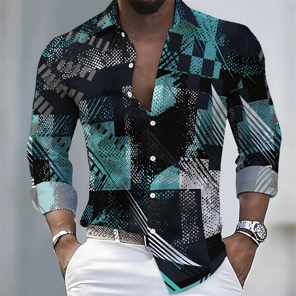 European and American style color-blocked geometric abstract print men's long-sleeved shirt, versatile top for spring and autumn