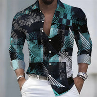 European and American style color-blocked geometric abstract print men's long-sleeved shirt, versatile top for spring and autumn