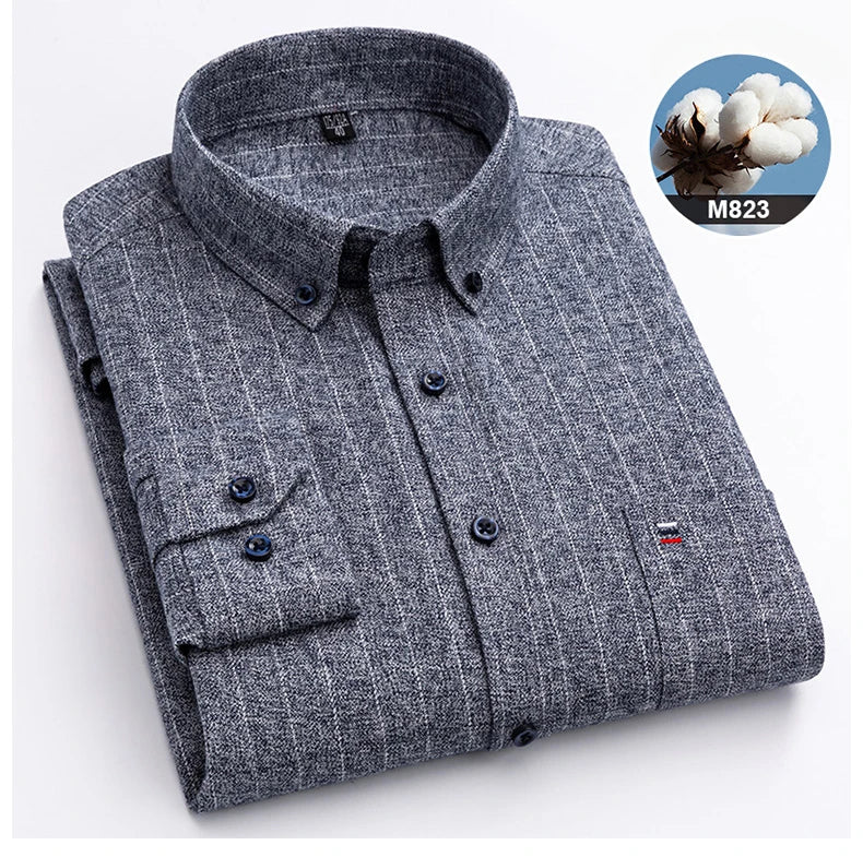 New in shirtplus size 7XL 100%cotton sanding long-sleeve shirts for men slim fit plain shirt striped plaid single pocket clothes