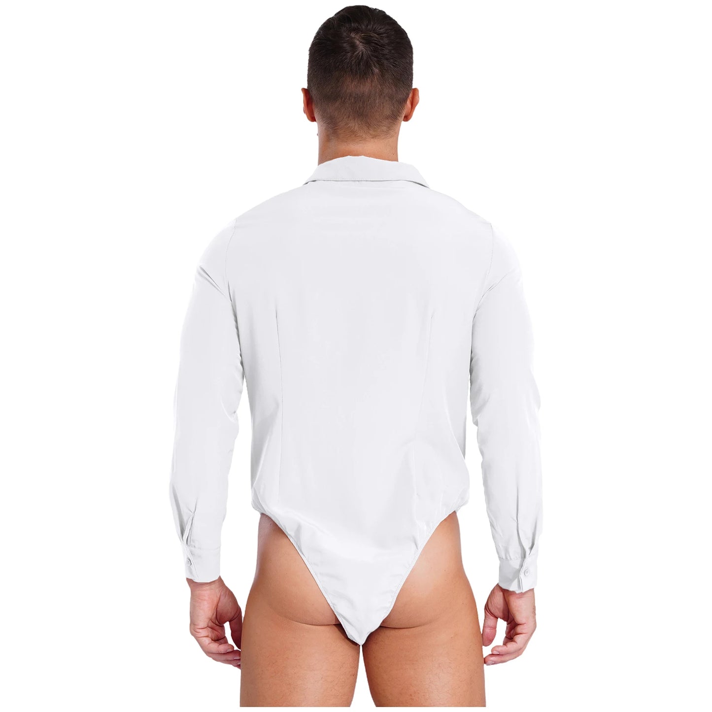 Mens Button Down Easy Care Work Bodysuit Shirt Swimsuit Solid Color One-Piece Jumpsuit Turn-down Collar Long Sleeve Body Tops