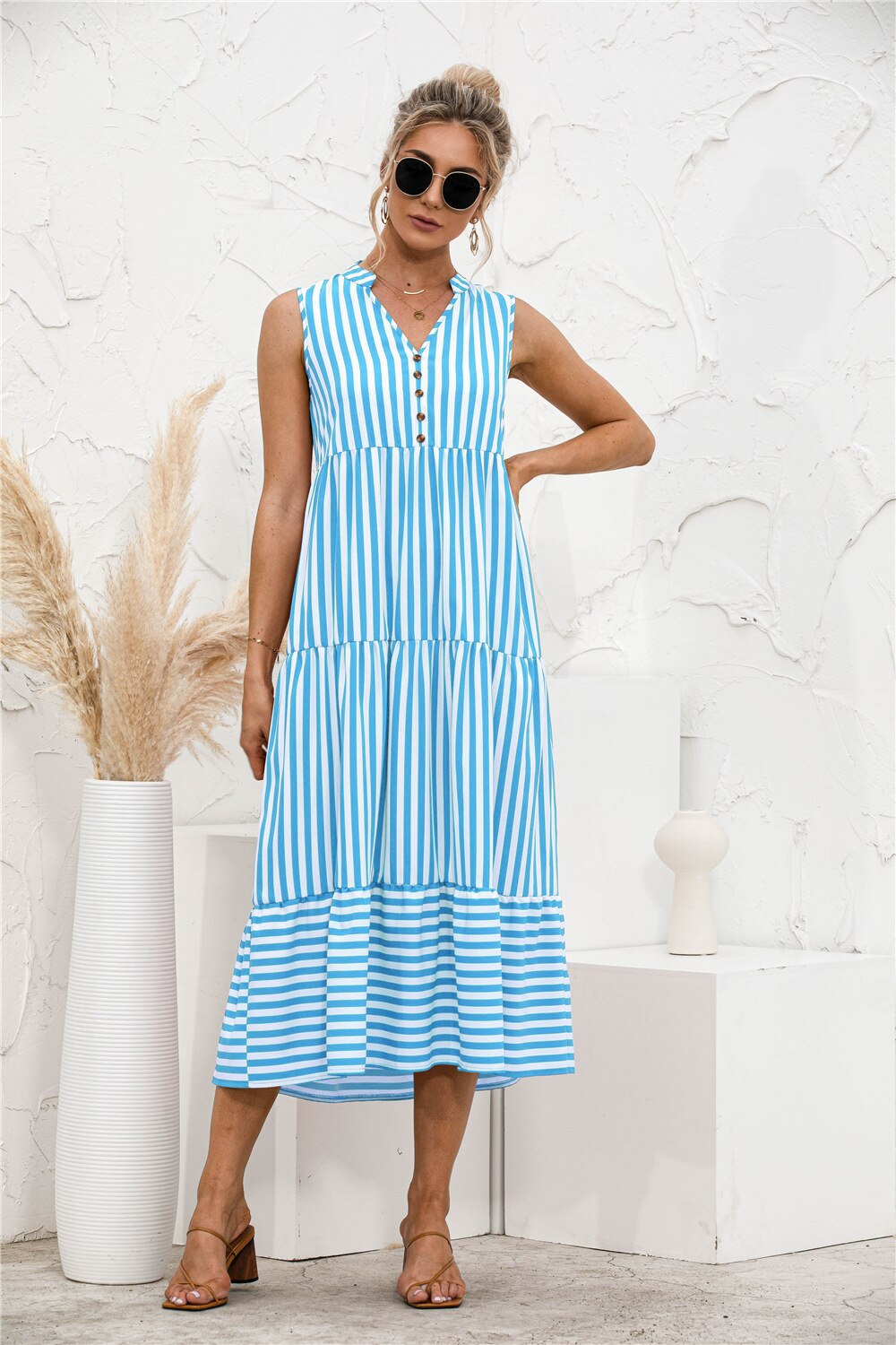 Women Elegant Striped Lantern Sleeve Summer Dress Causal V-neck Button Ruffles Midi Dress 2023 Women Beach Holiday Party Dress