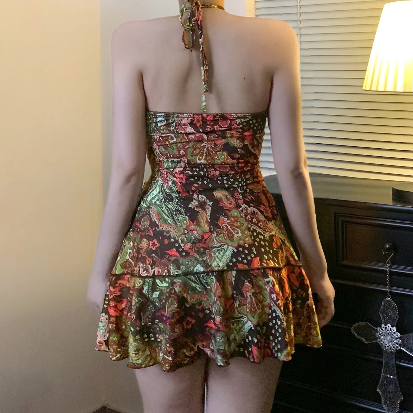 SUCHCUTE Chic Romantic Print Halter Dress For Women Sexy Sleeveless Backless Mini Dress Fashion Holiday Clothes Summer Beach